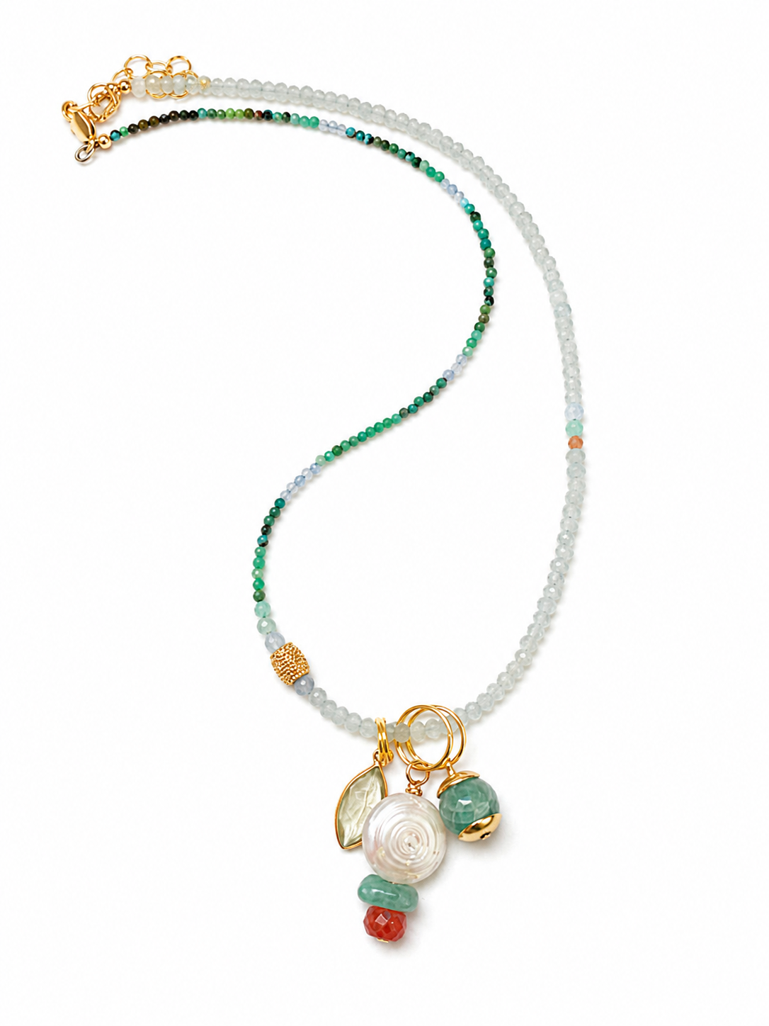 Marena paired with Relics, Lemon Quartz, Pearl with Amazonite and Sunstone, and Amazonite
