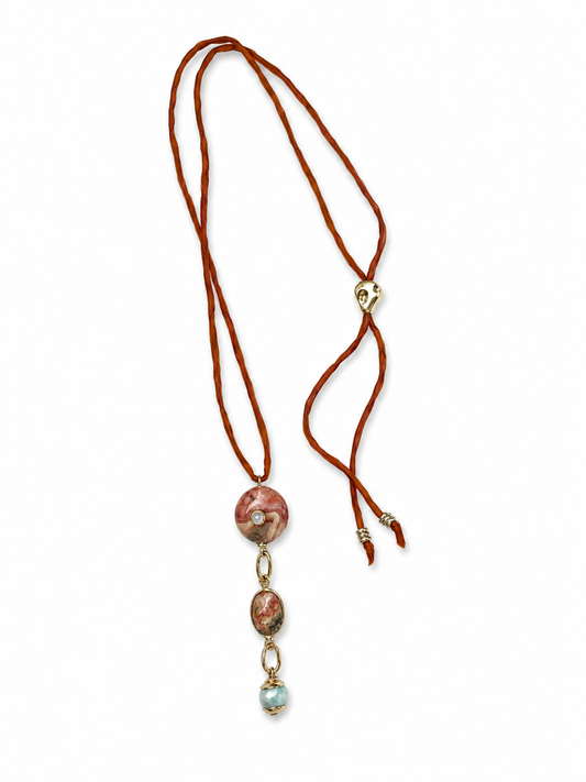 Solenne silk necklace with burnt orange silk, Agate with Rainbow Moonstone accents, Agate and Green Moonstone drop