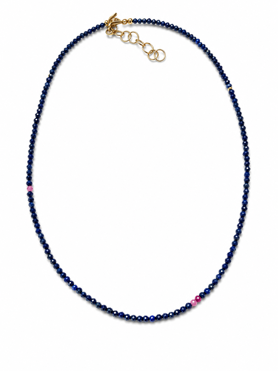Vespera is a 16" strand of lapis with an accent of pink tourmaline and ruby