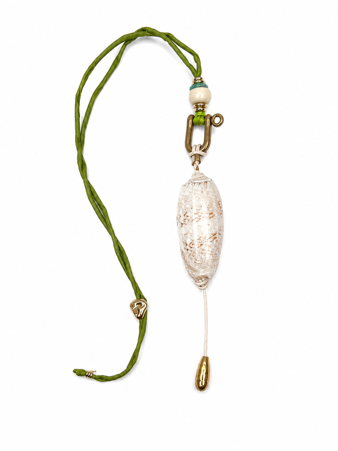 Thalassa: Chartreuse silk necklace featuring a large olive shell pendant with leather, gold-plated accents, ethically sourced bone, and amazonite details.
