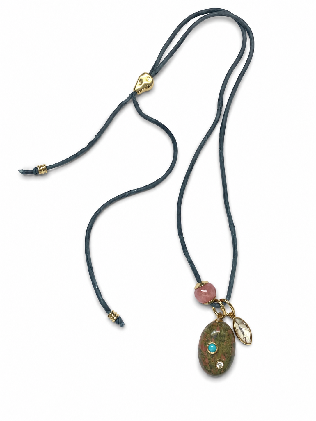 Aeris silk necklace with stone blue silk, unakite bezels with turquoise and moissanite accents, lemon topaz charm, and sunstone details.