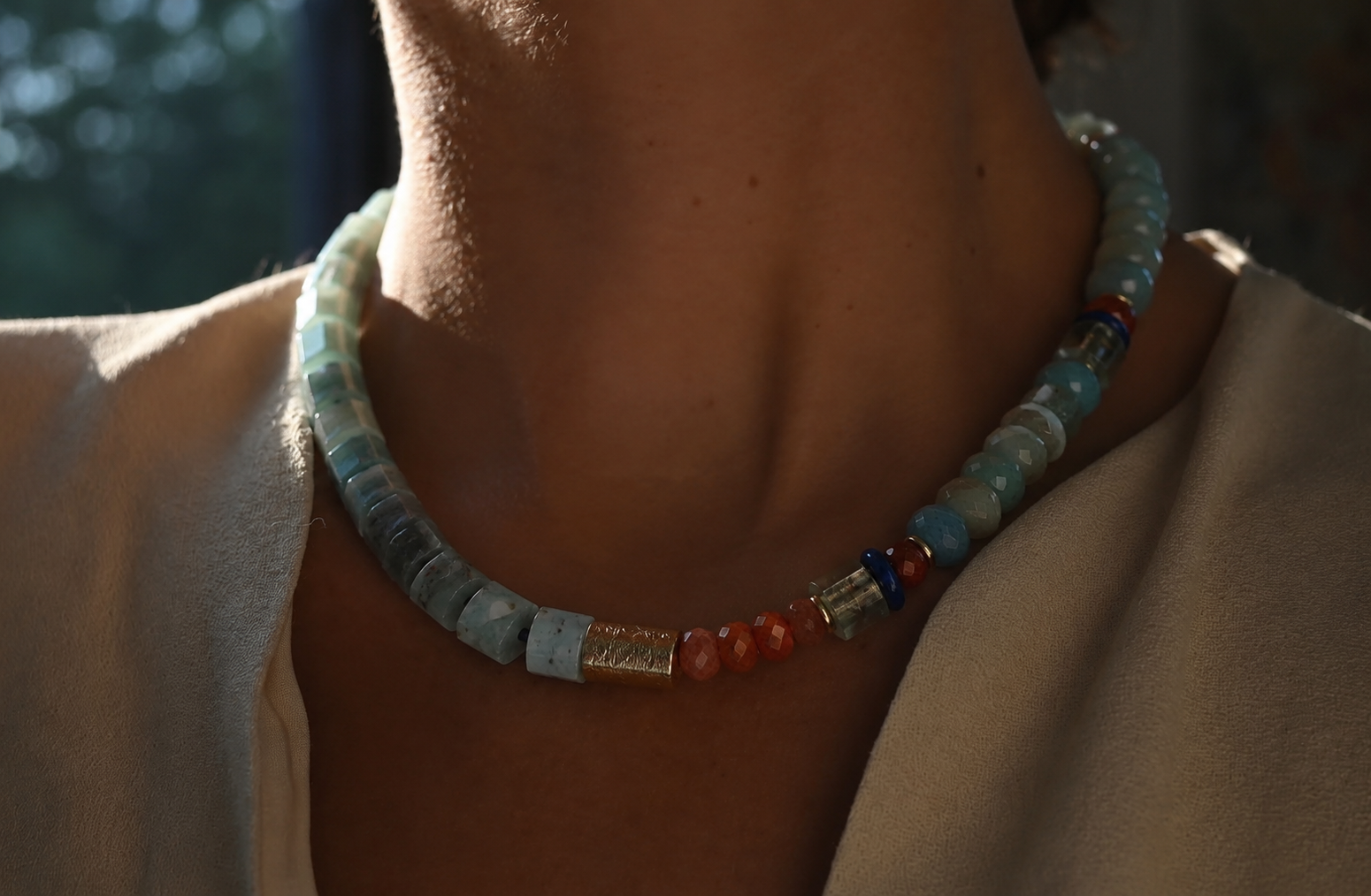 Statement collar necklace with Aquamarine, Sunstone, Lapis and Brushed Gold-plated Accents