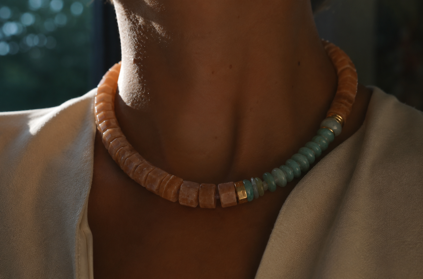 Statement Collar Necklace with Peach Moonstone, Amazonite, Aquamarine, Tanzanite and Gold-Plated Accents and Findings