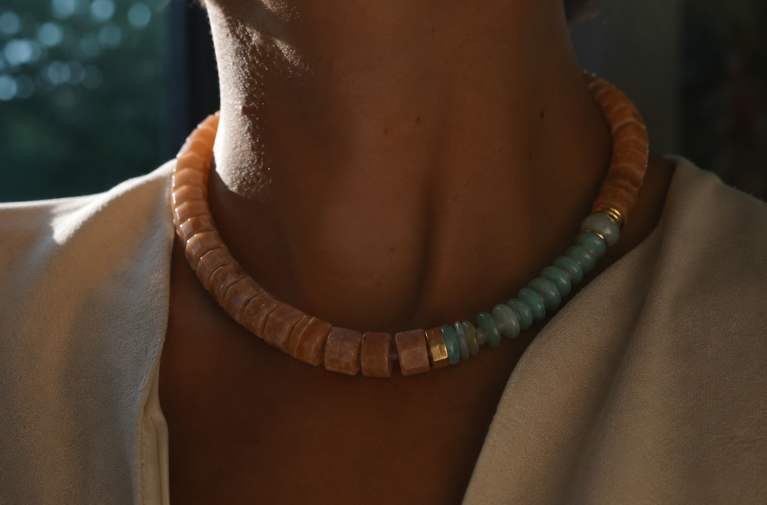 Statement Collar Necklace with Peach Moonstone, Amazonite, Aquamarine, Tanzanite and Gold-Plated Accents and Findings