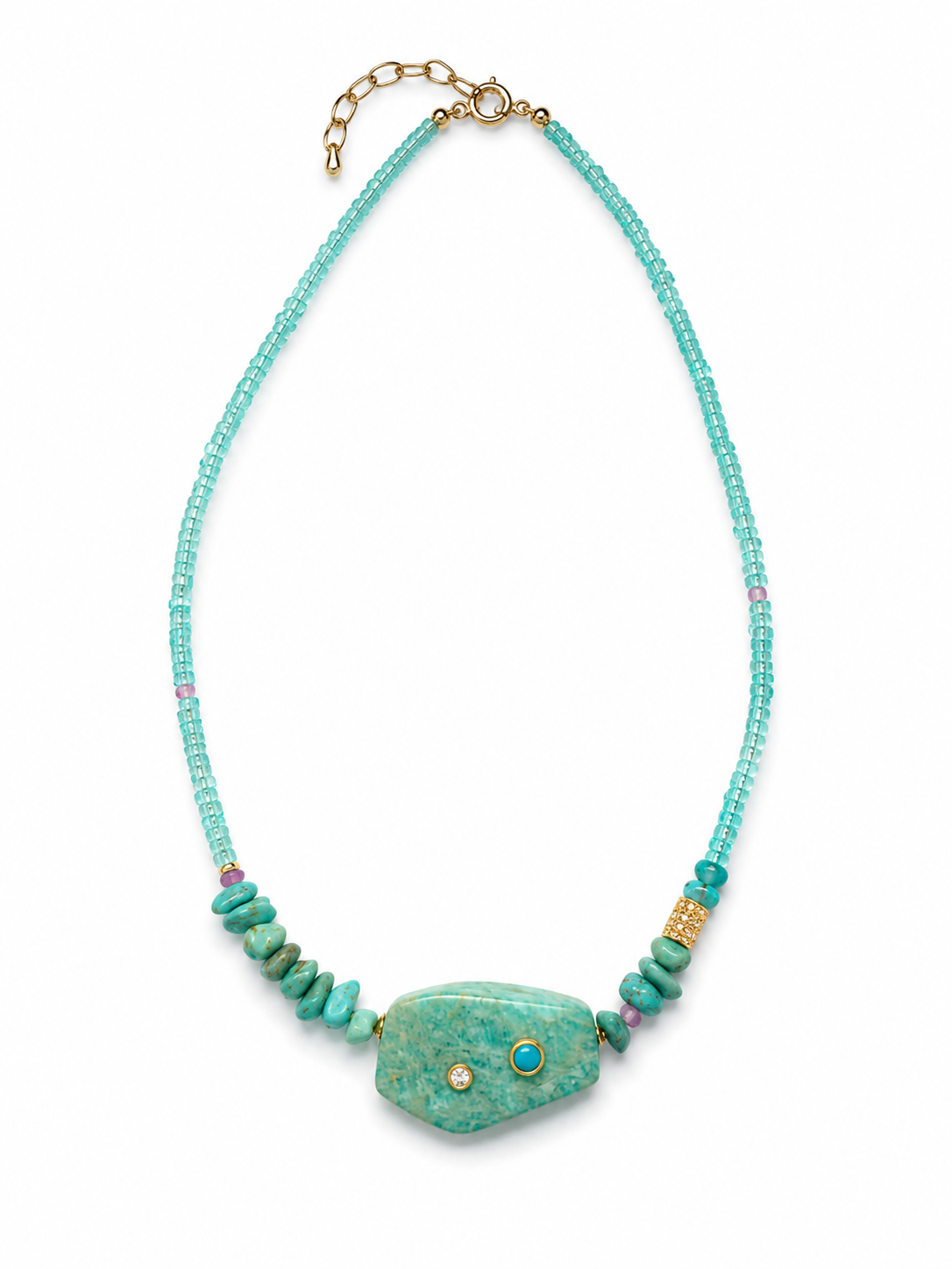 Azara focal necklace featuring an amazonite centerpiece with hand-set turquoise and moissanite accents, apatite bead strand, turquoise rondelles, ruby details, and gold-plated findings.