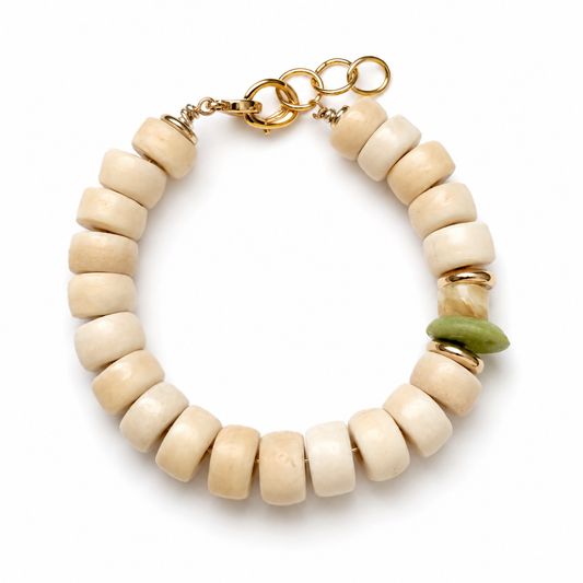 Calypsa bracelet with ethically sourced reclaimed bone from an African cow, Recycled African Sea Glass in Chartruese and a Yellow Ethiapian Opal 
