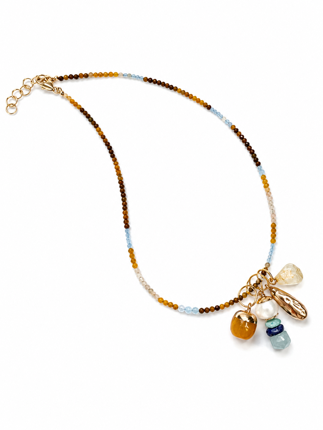 Ondine paired with Relics: Acorn Yellow Adventurine, Pearl with Amazonite, Aquamarine and Lapis, Gold Plate Waterdrop and Citrine
